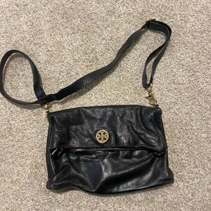 Tory Burch Dena Black Leather Foldover Convertible Crossbody Bag